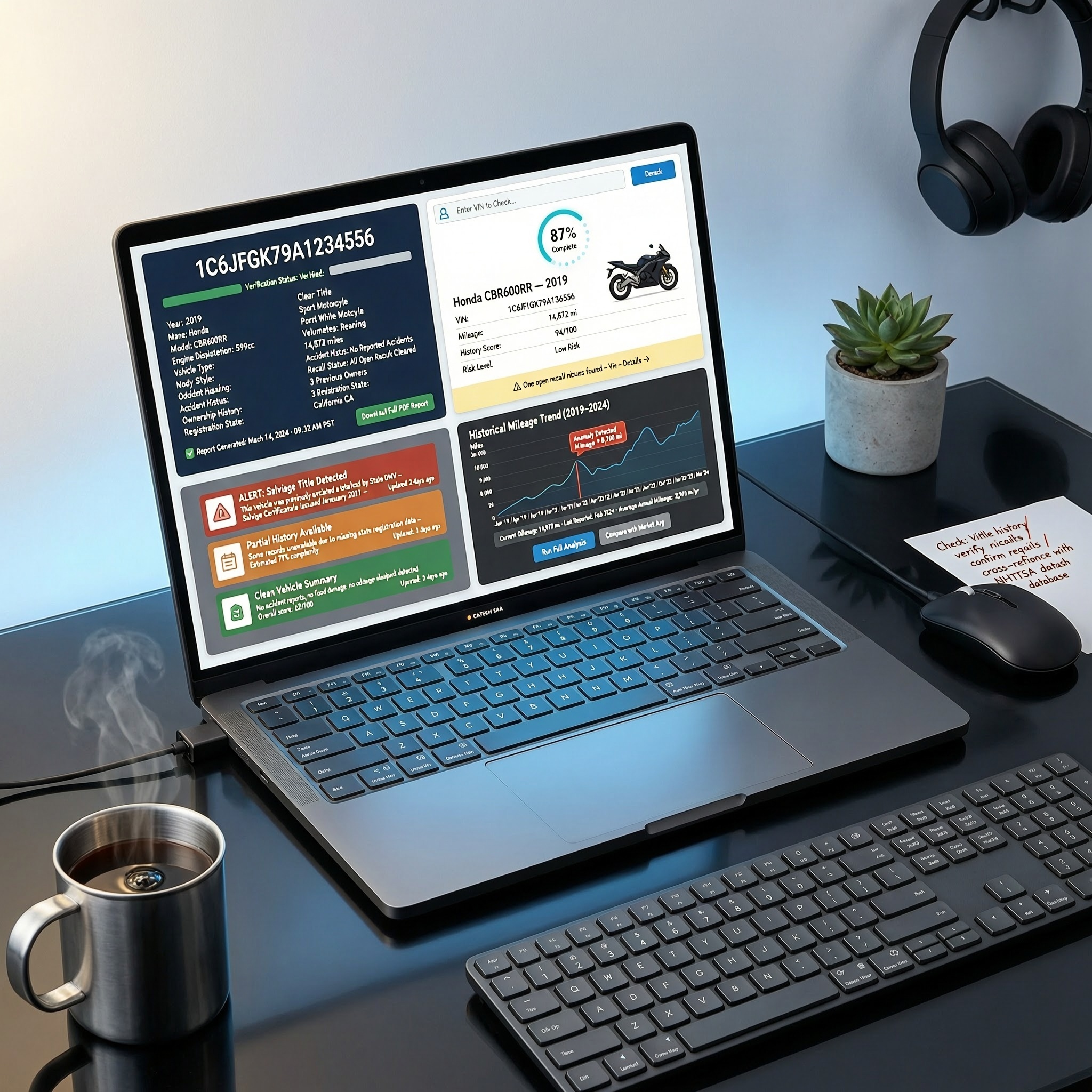 Motorcycle VIN check alternatives to Carfax on laptop screen