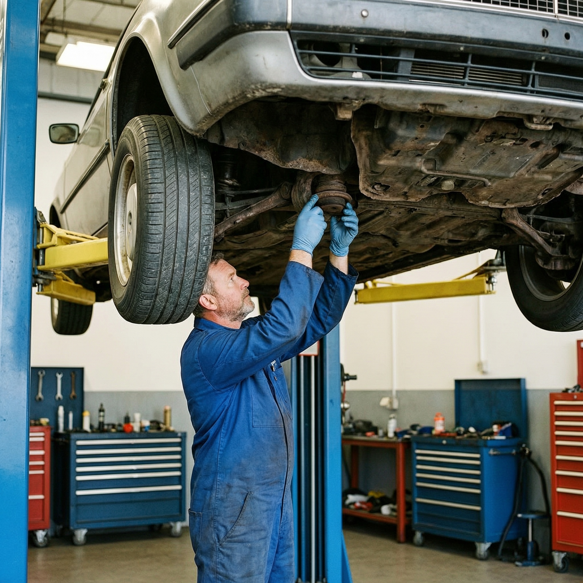 Professional mechanic inspecting car with minor damage history
