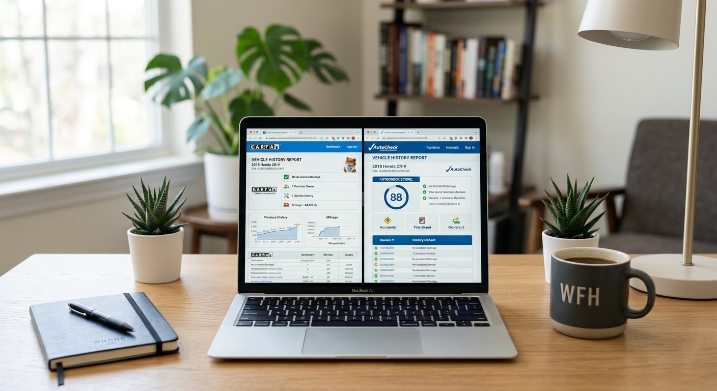 Carfax vs AutoCheck comparison on laptop screen showing vehicle history reports