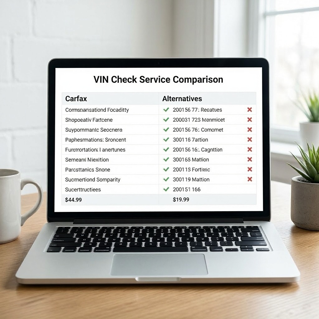 Comparison between Carfax and alternative VIN check services on a laptop screen