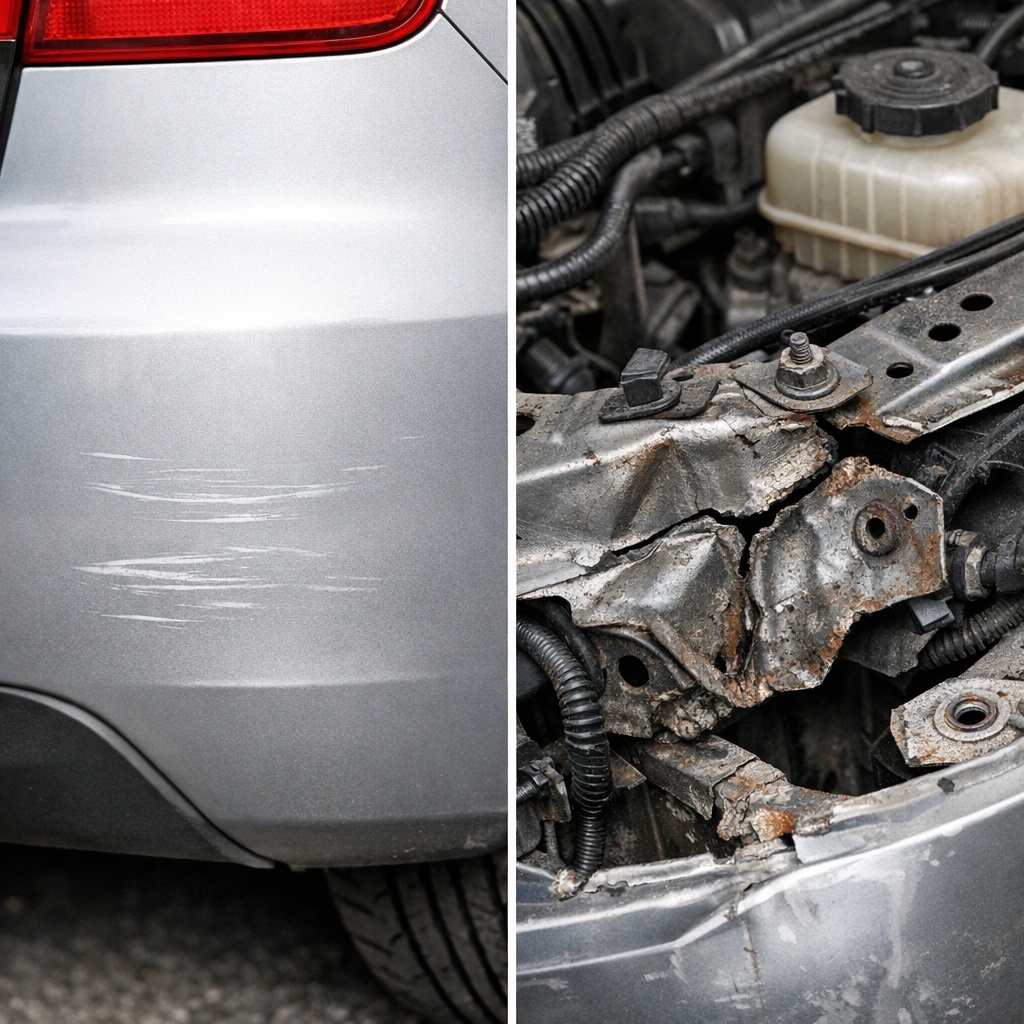 Cosmetic damage versus hidden structural damage on a used car