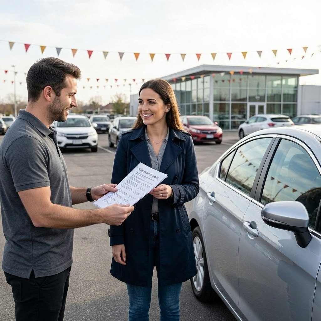 Dealer showing a free vehicle history report to a customer before buying a used car