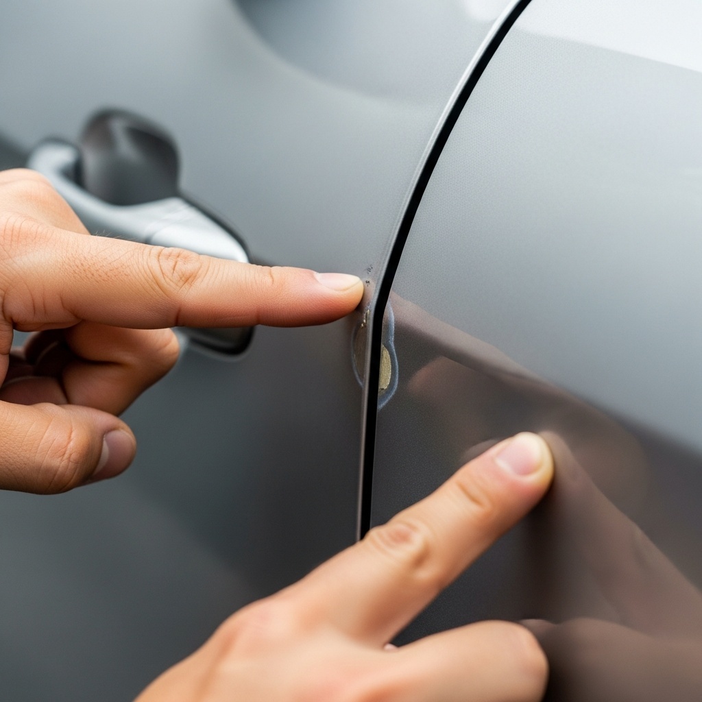 Inspecting a used car for hidden body damage and repairs