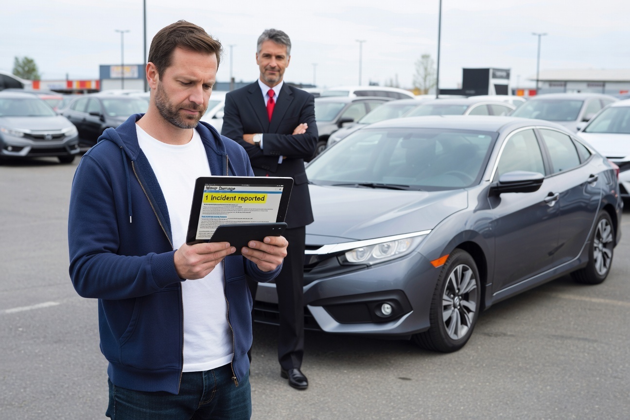 Buyer checking minor damage on Carfax report before buying a used car