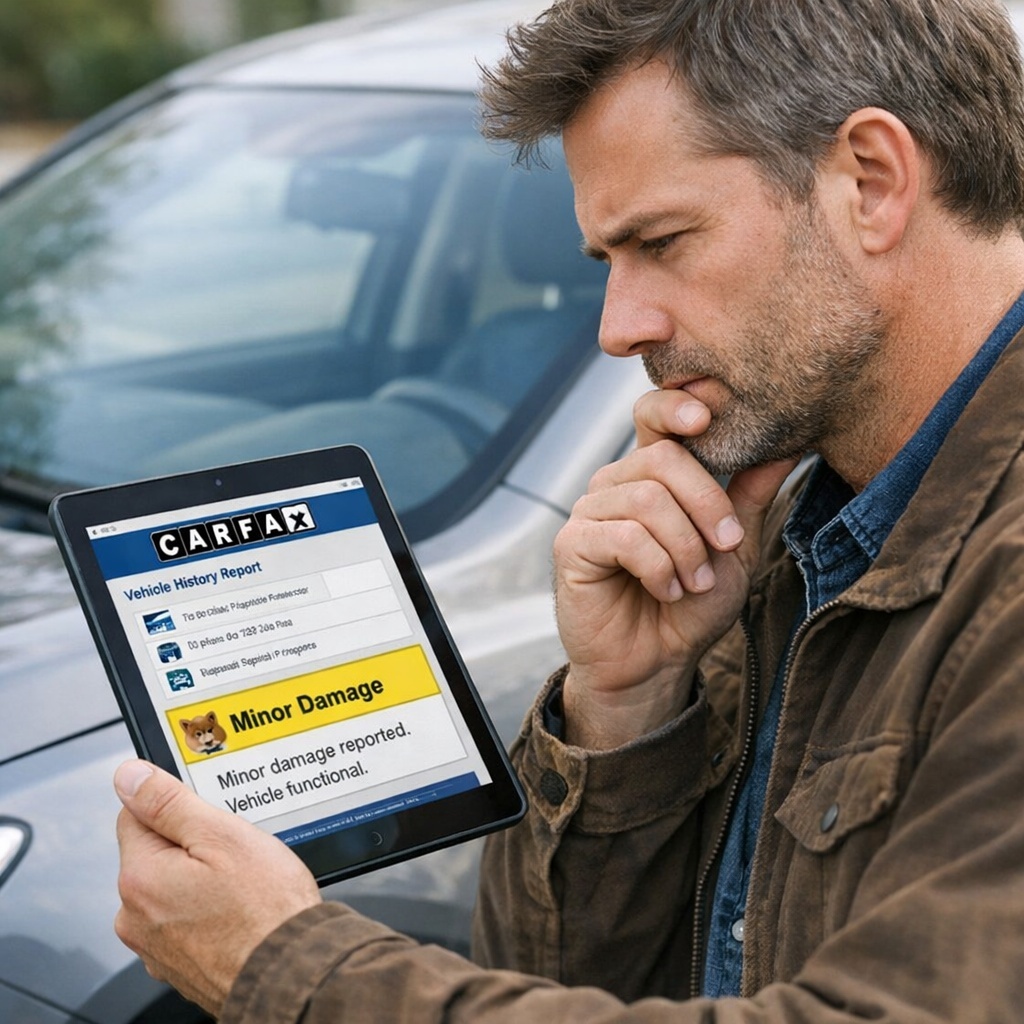 Buyer checking minor damage listed on a Carfax report before purchase