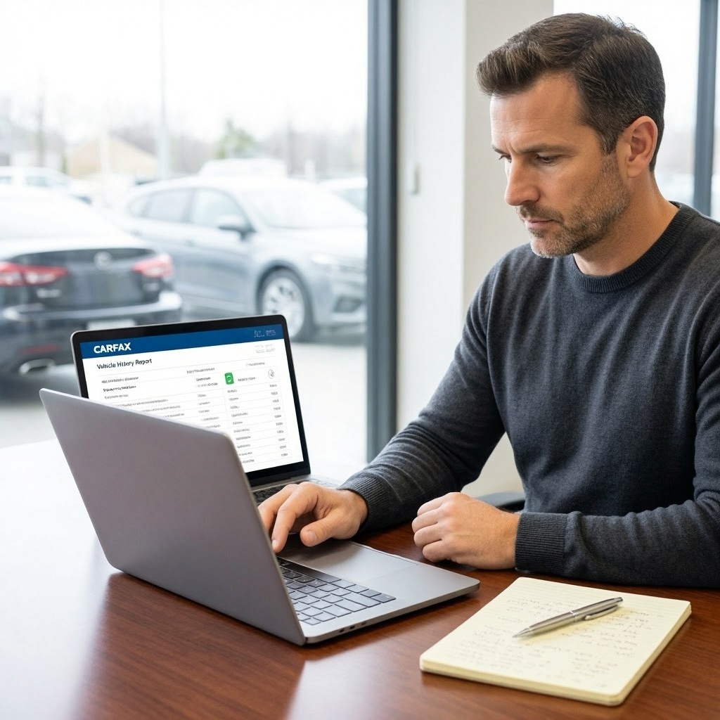 Buyer learning how to read a Carfax report before buying a used car