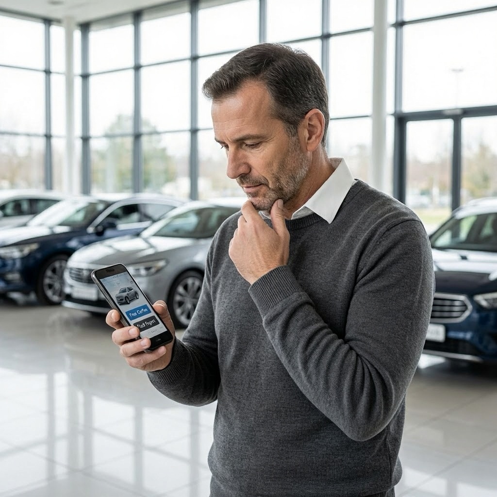Used car buyer comparing free Carfax report and paid vehicle history report on smartphone